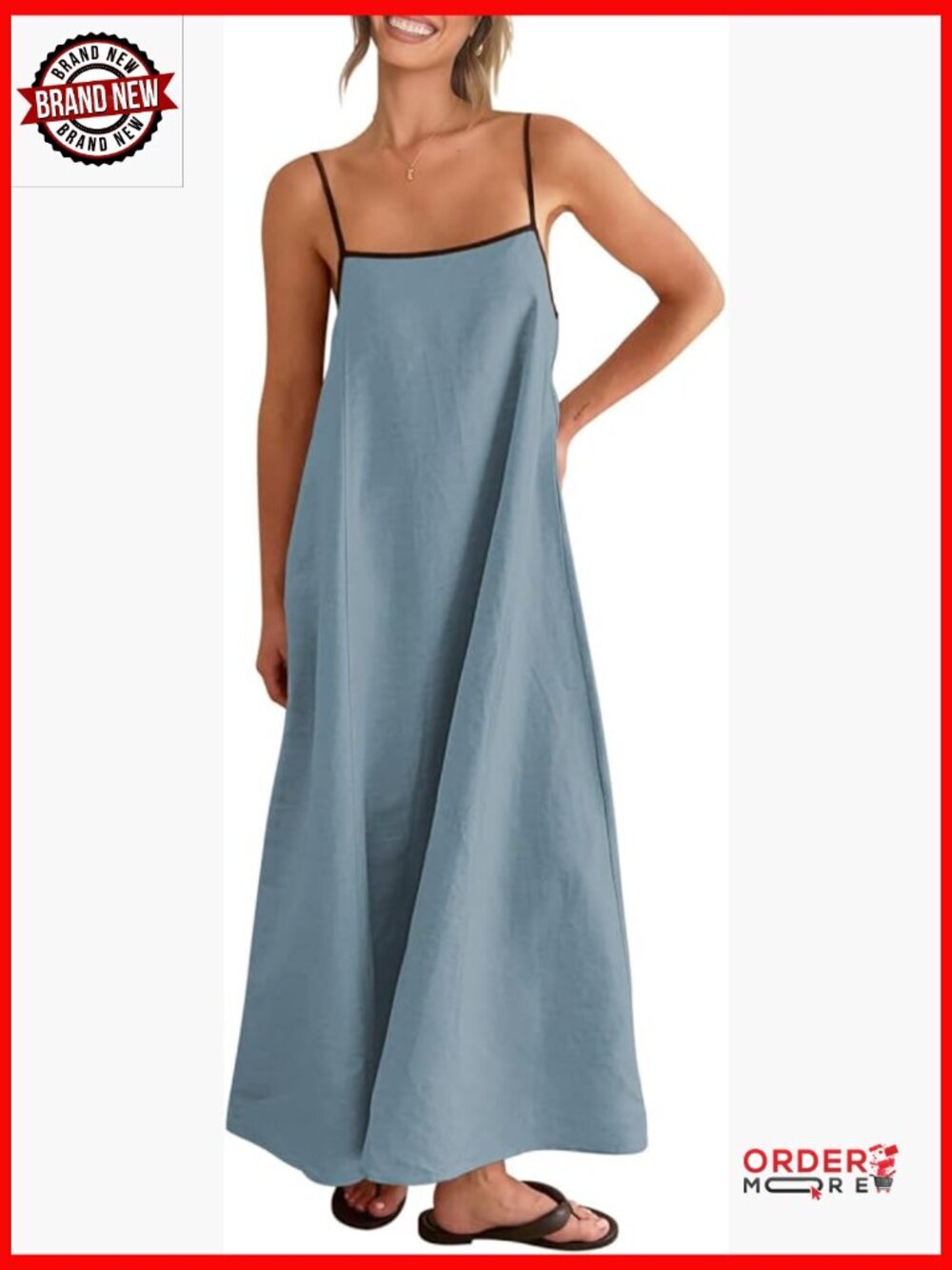 Linen Maxi Dress Spaghetti Strap Backless Side Pockets Casual Beach Party
